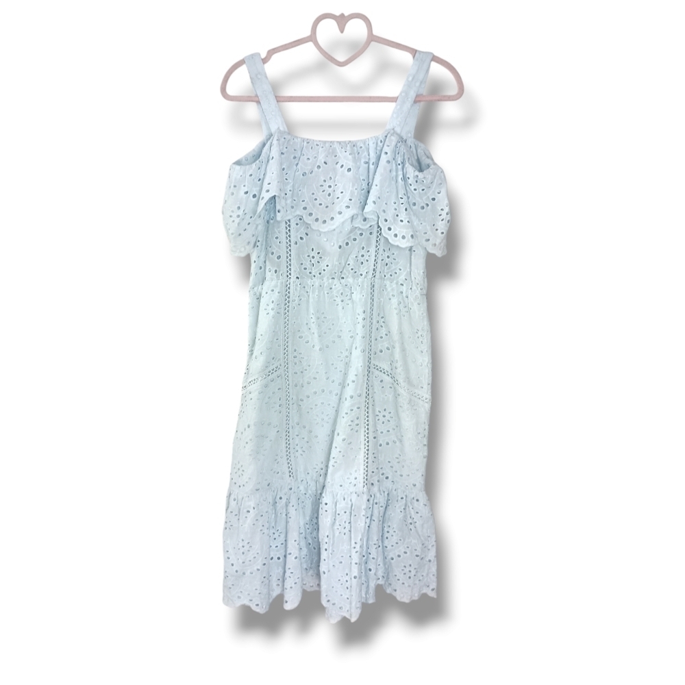 NWT 7 For All Mankind Eyelet Scalloped Tiered Midi Dress in Pale Blue Size Small - Picture 3 of 10